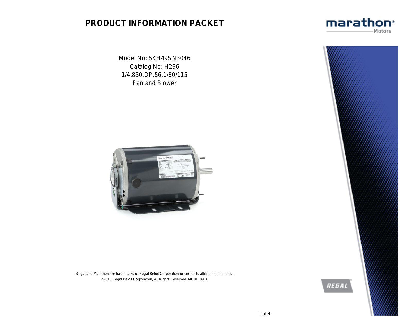 Marathon Electric 5KH49SN3046 Product Information Packet