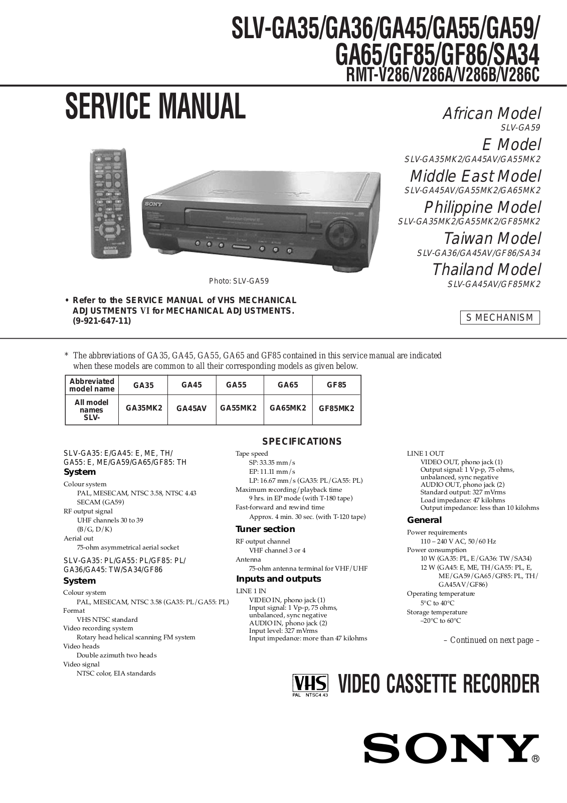 Sony SLV-GA35, SLV-GA36, SLV-GA45, SLV-GA55, SLV-GA59 Service Manual