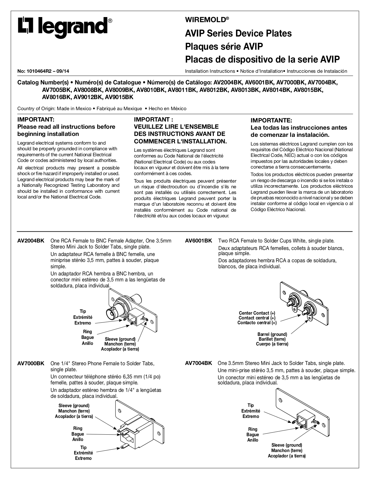 Legrand AV7000BK User Manual