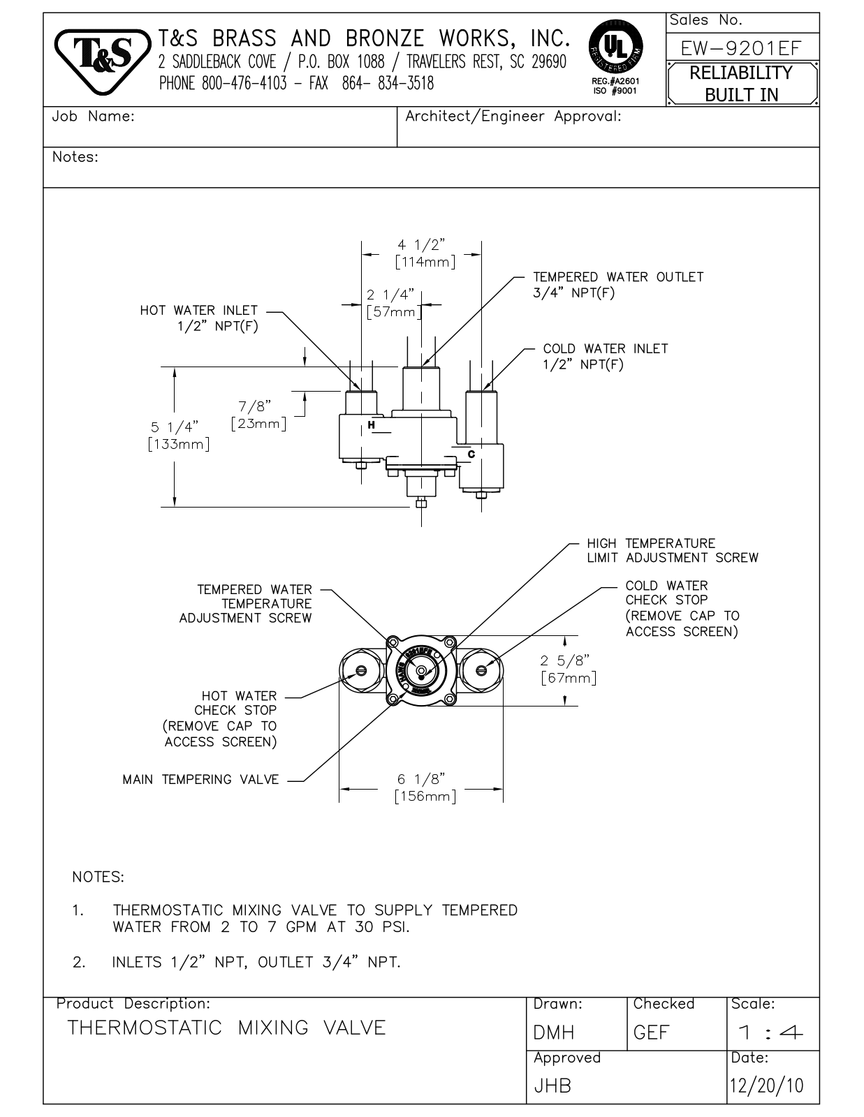 T & S Brass & Bronze Works EW-9201EF General Manual