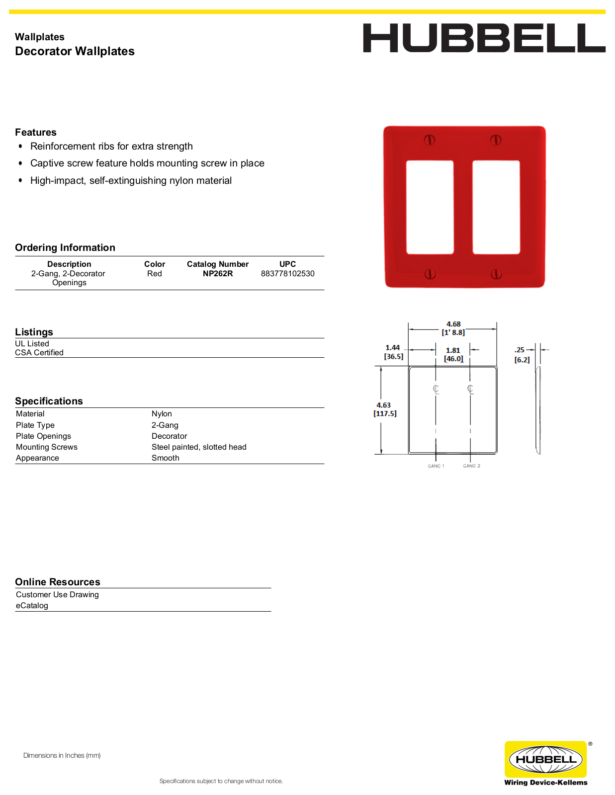 Hubbell NP262R Specifications