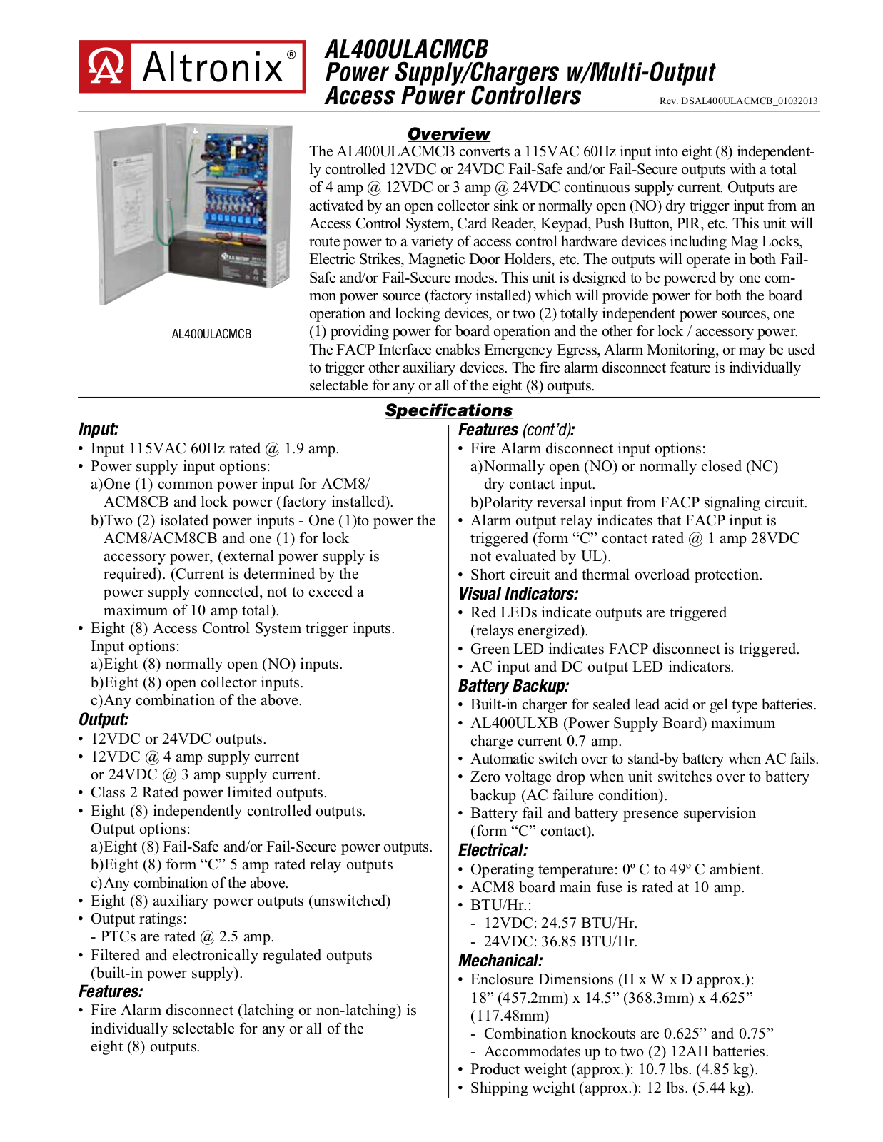 Altronix AL400ULACMCB Specsheet