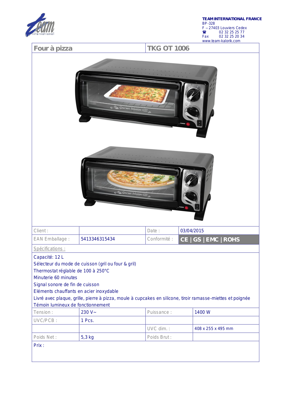 Kalorik OT 1006 S product sheet