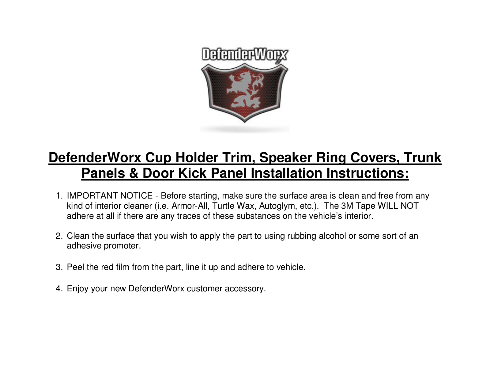 DefenderWorx Camaro Door Kick Panels User Manual