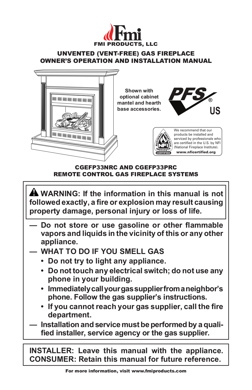 FMI CGEFP33NRC, CGEFP33PRC Owner's Operation And Installation Manual