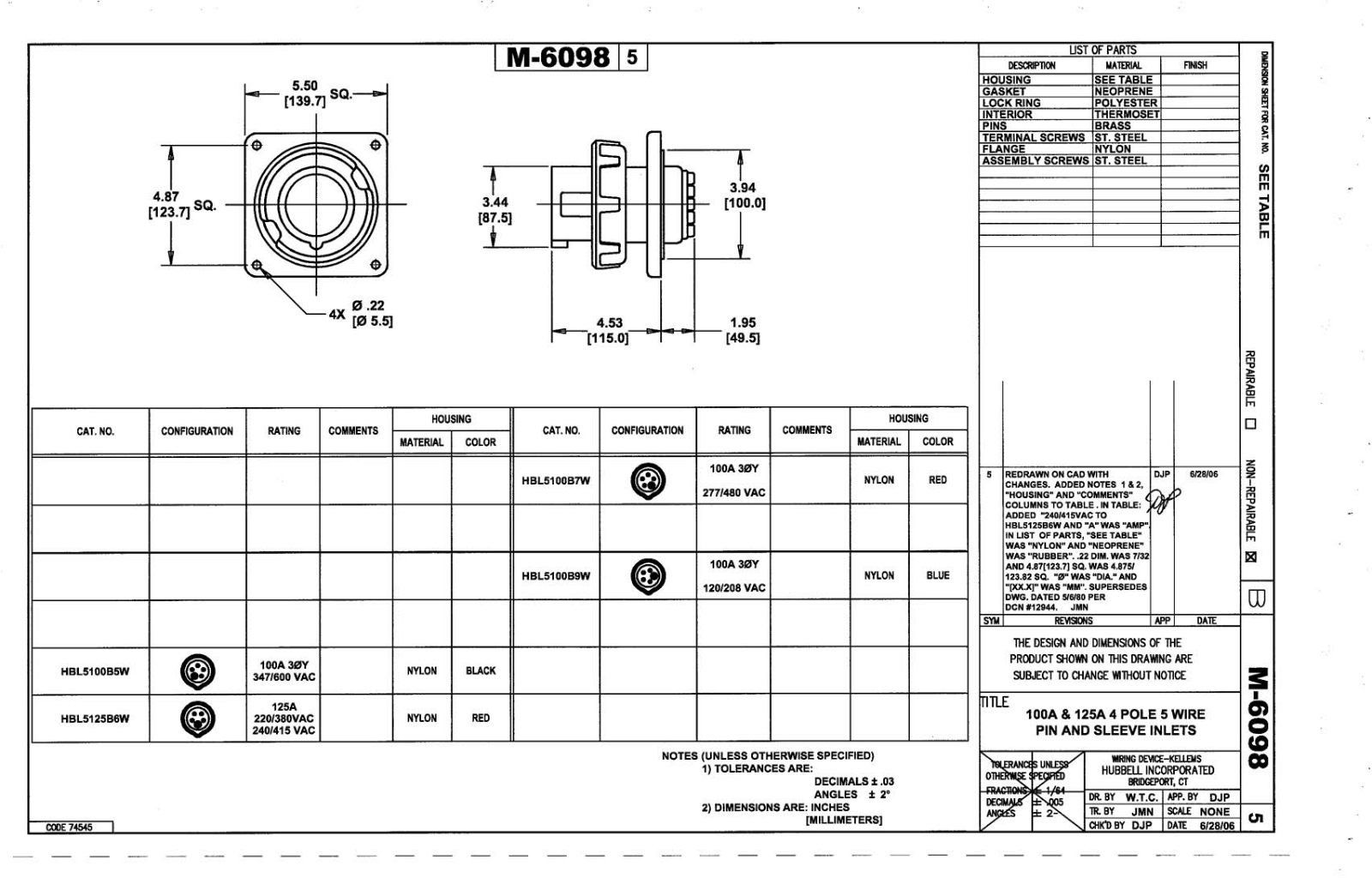 Hubbell HBL5100B5W Reference Drawing