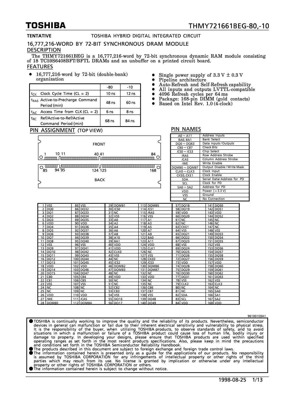 Toshiba THMY721661BEG-80 Datasheet