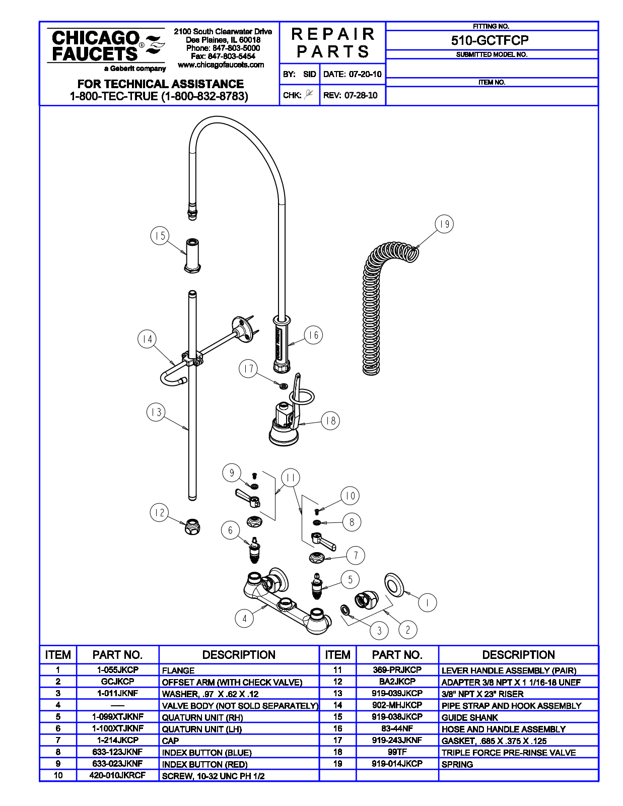 Chicago Faucet 510-GCTFCP Parts List