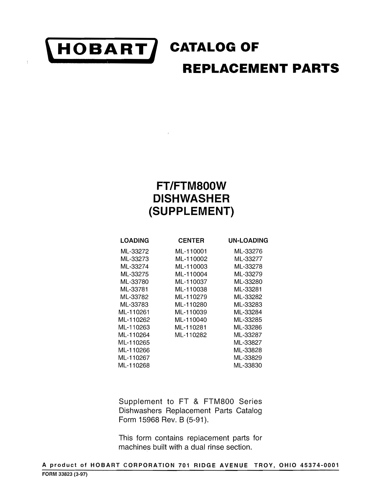 Hobart FT800W Parts List