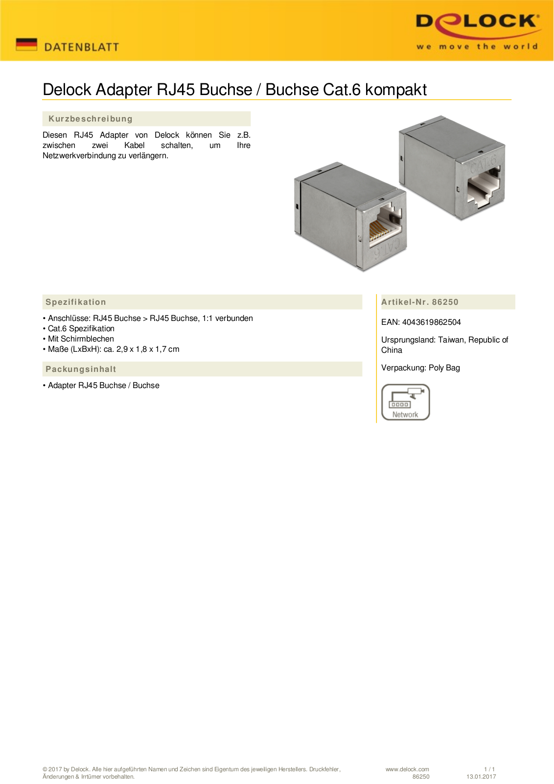 DeLOCK adapter, RJ-45 socket on RJ-45 socket User Manual