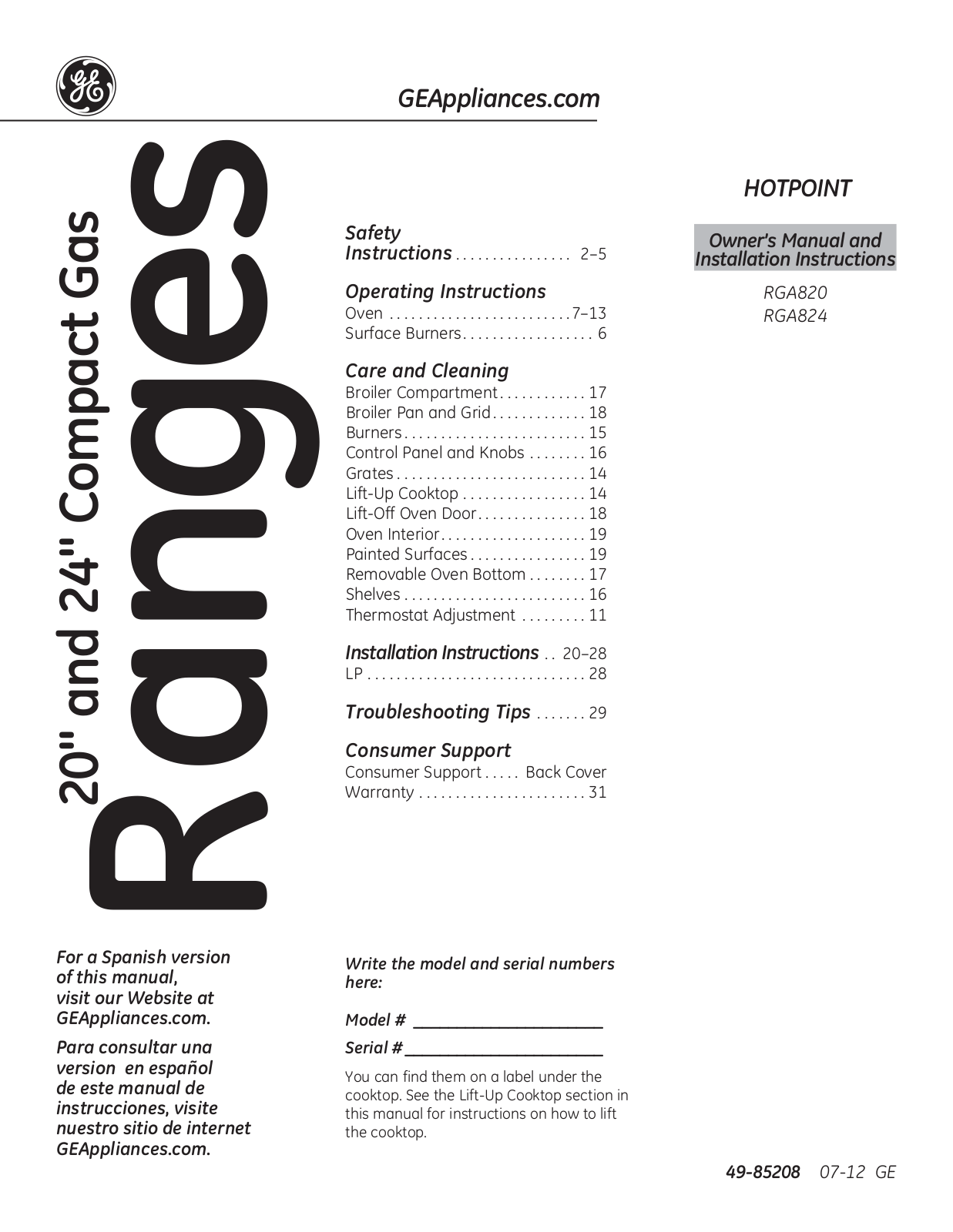 Hotpoint RGB745DEPWH, RGB530DETWW, RVM1535DMBB Owner's Manual