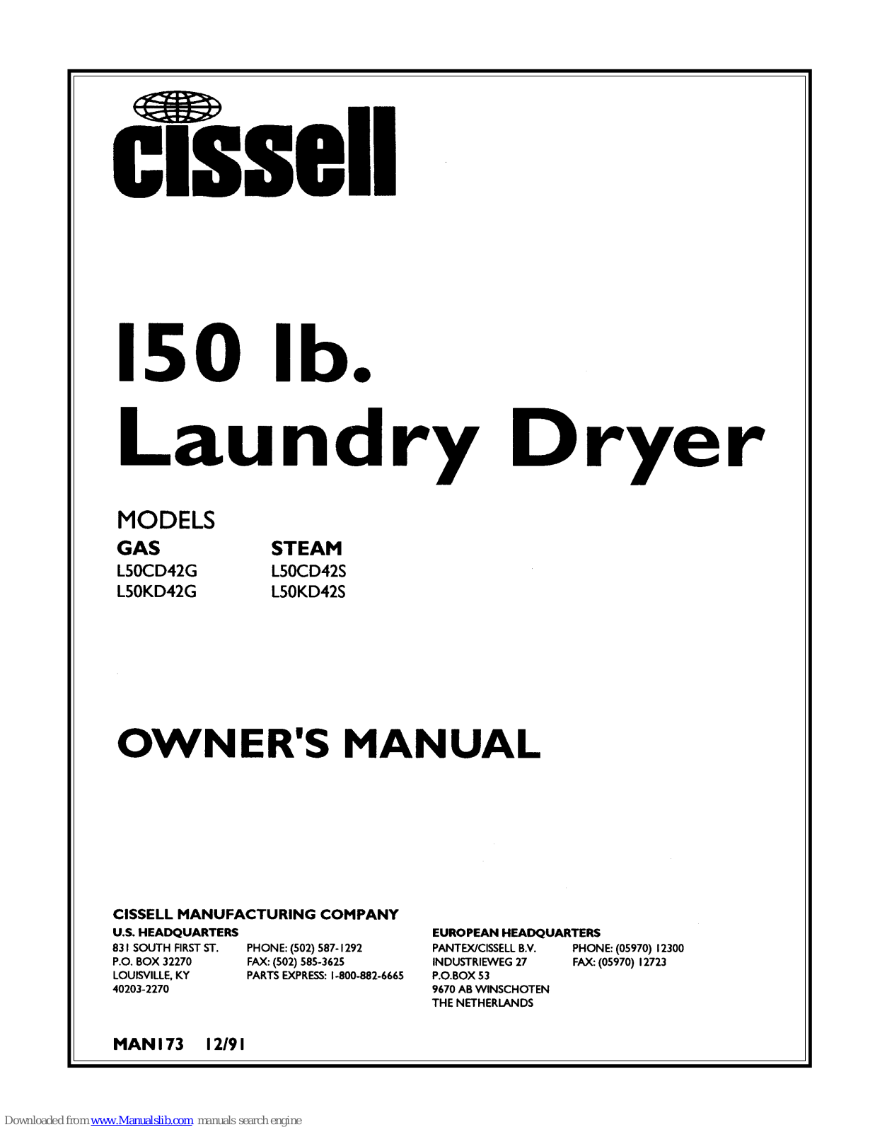 Cissell L50CD42G, L50FKD42G, L50CD42S Owner's Manual