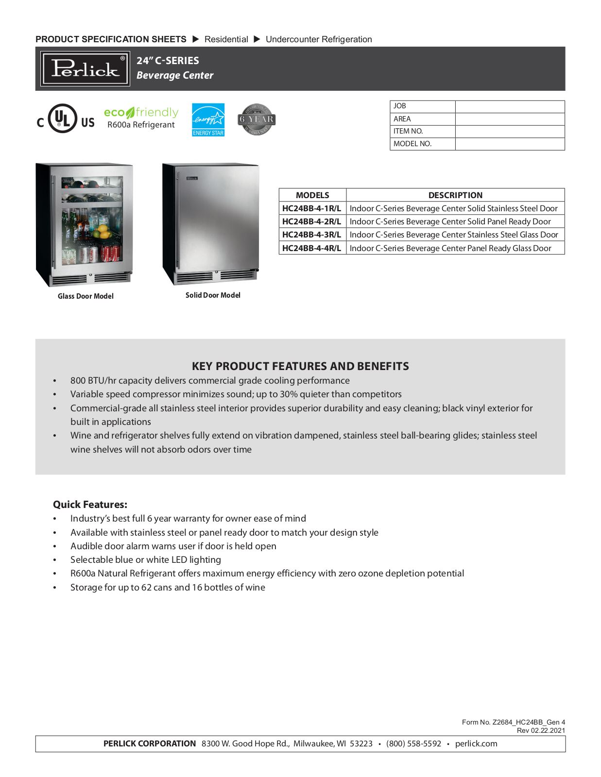 Perlick HC24BB-4-1R, HC24BB-4-1L, HC24BB-4-2R, HC24BB-4-2L, HC24BB-4-3R Specification Sheet