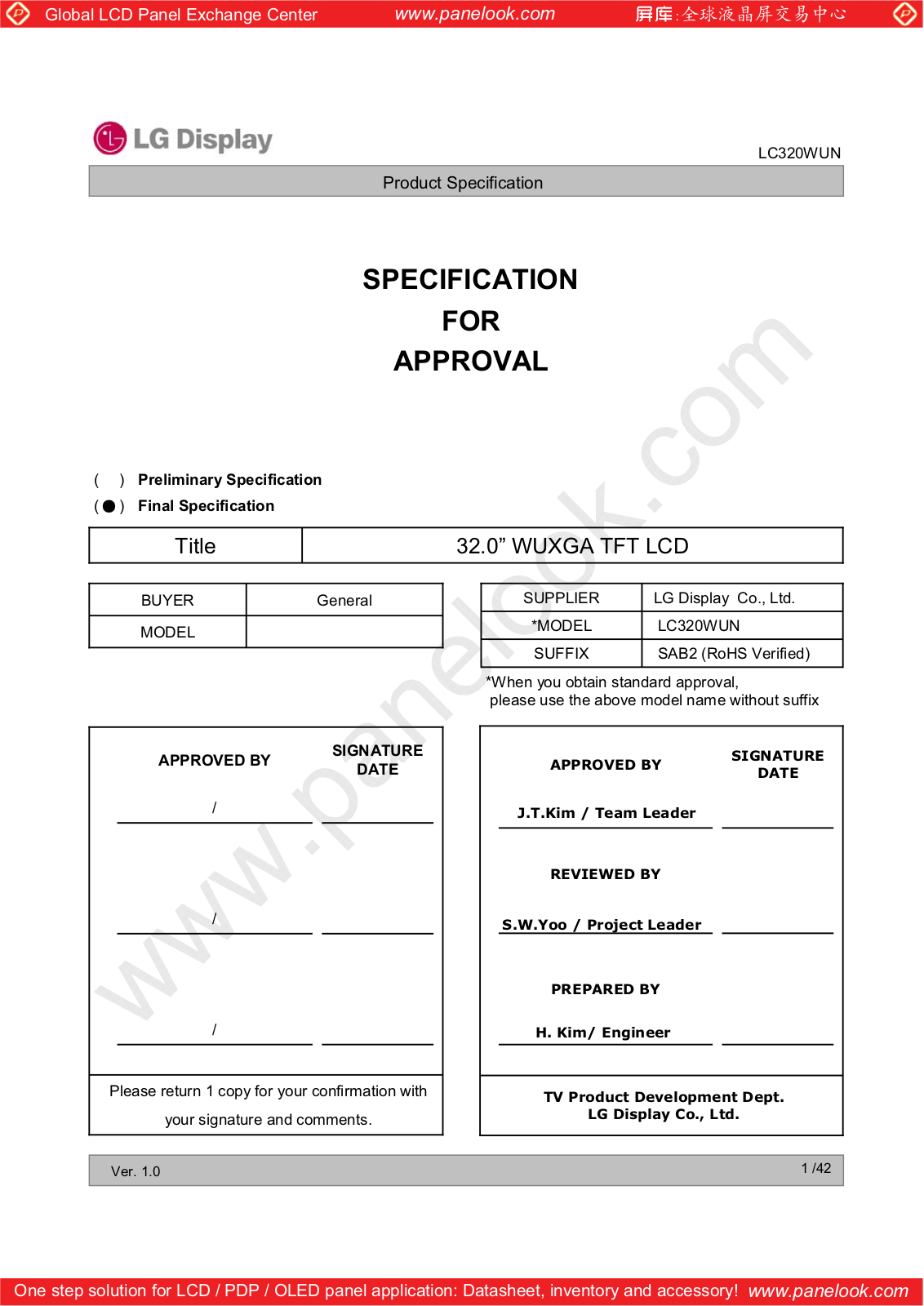 LG Display LC320WUN-SAB2 Specification