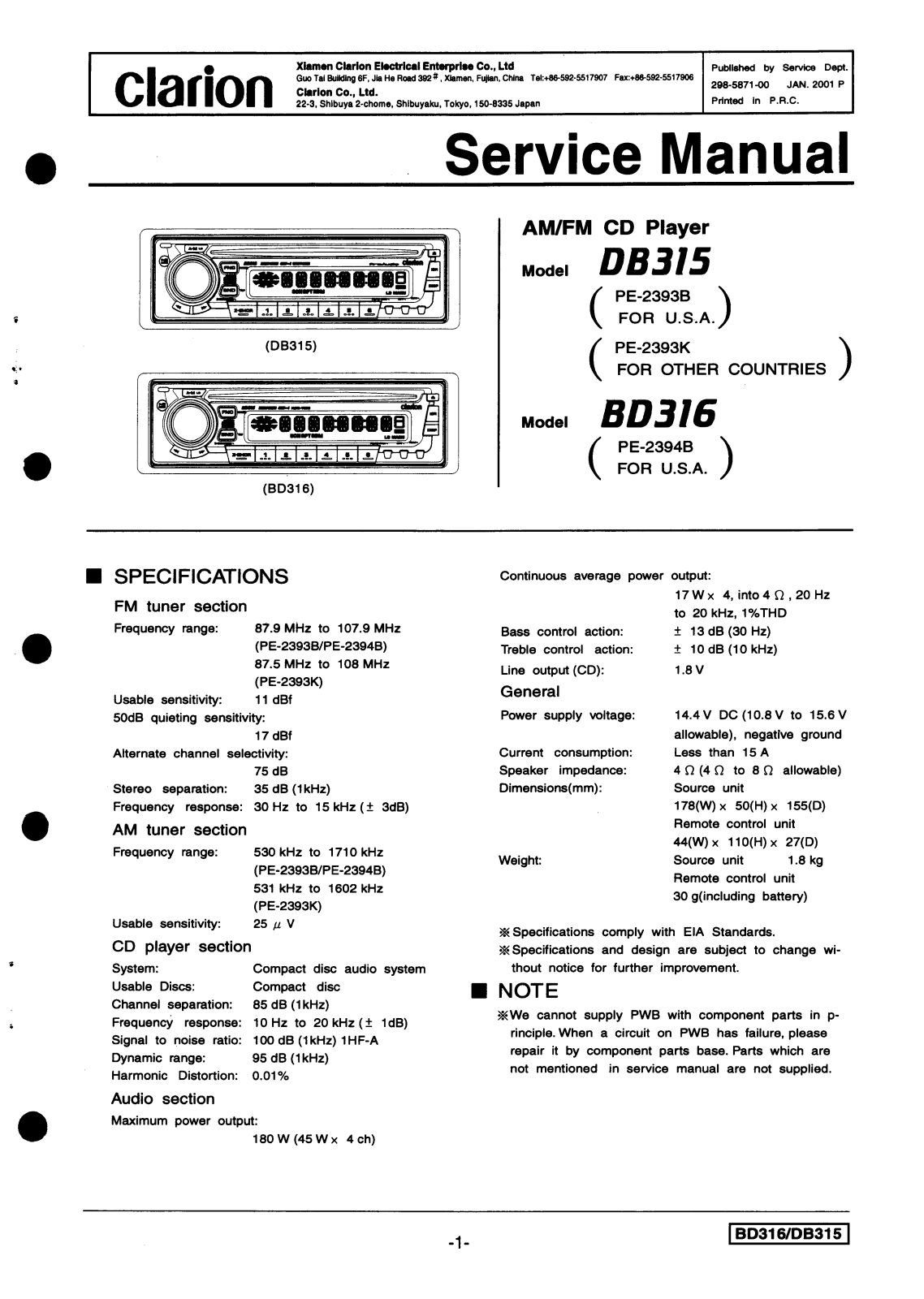 Clarion DB315, BD316 Service Manual