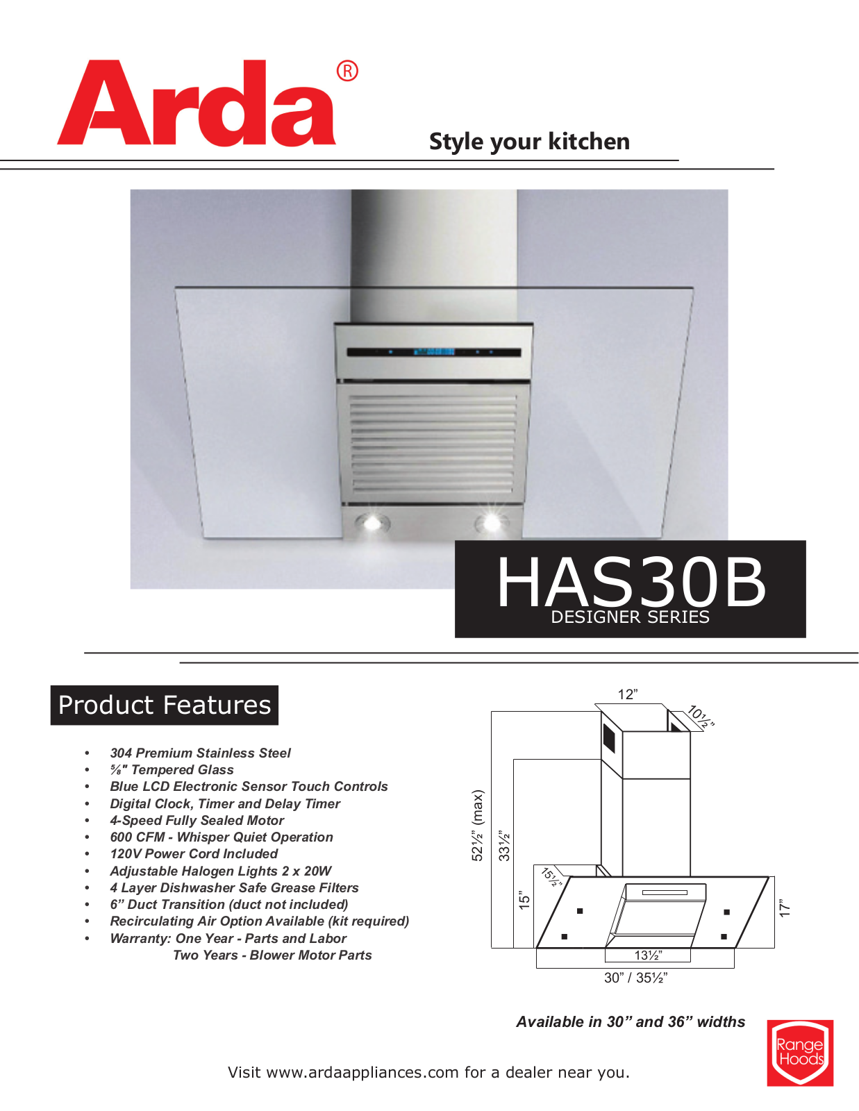 Arda HAS30B PRODUCT SPECIFICATIONS - ManualMachine.com