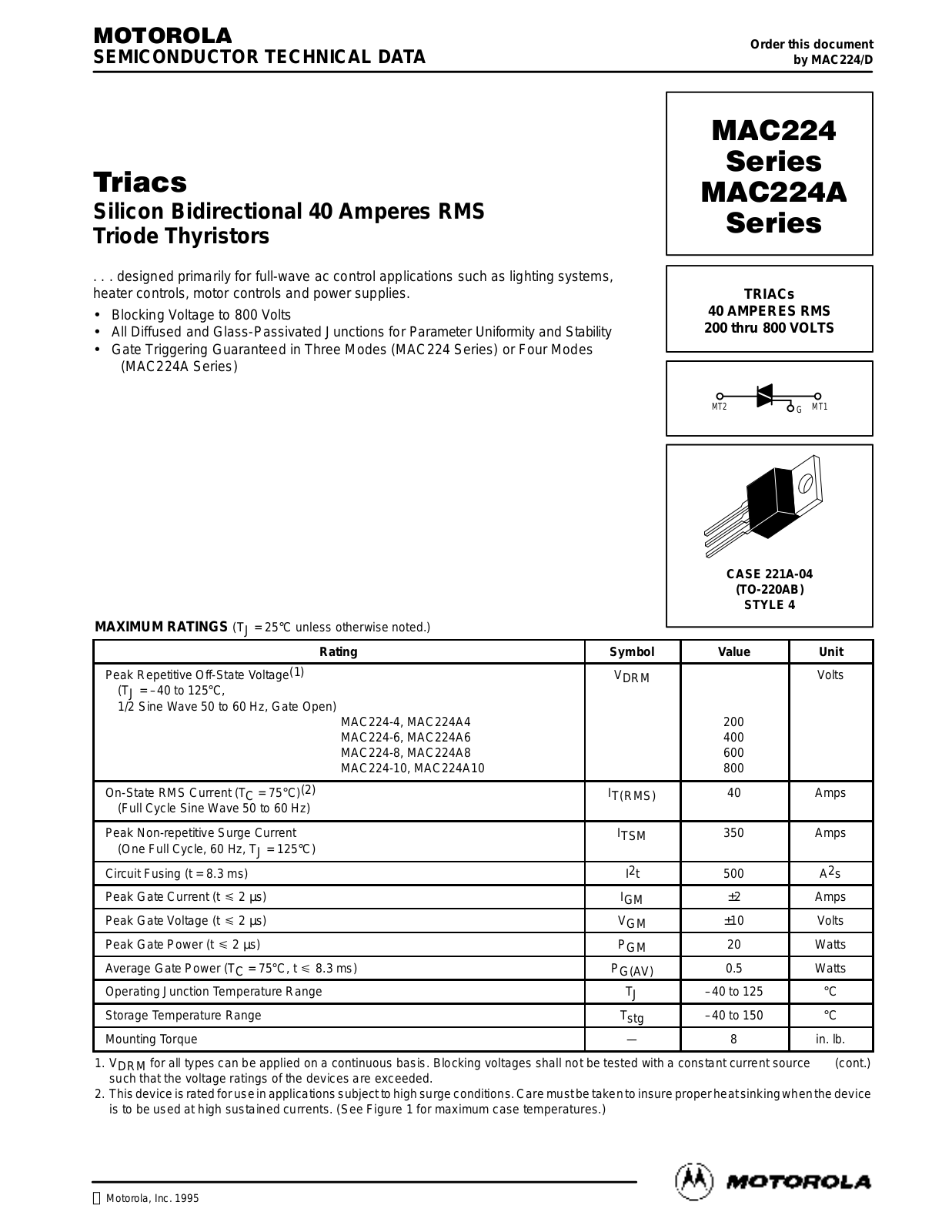 Motorola MAC224A8, MAC224A4, MAC224A10, MAC224-8, MAC224-6 Datasheet