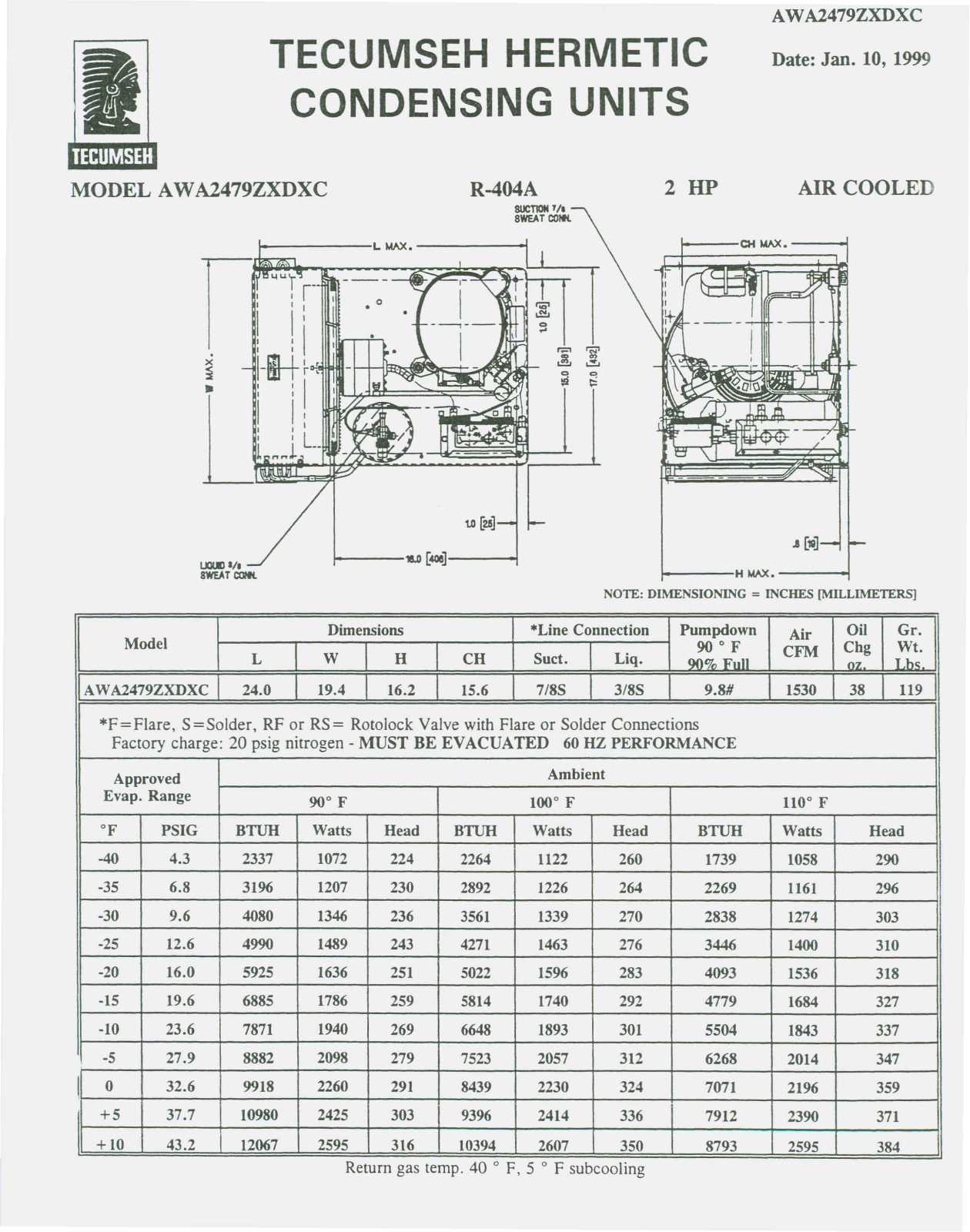 Tecumseh AWA2479ZXDXC Performance Data Sheet