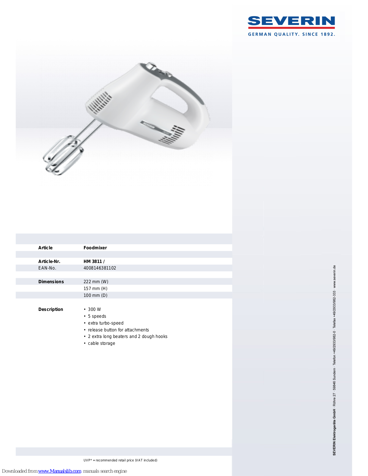 SEVERIN HANDMIXER HM 3811, HM 3811 Dimensions