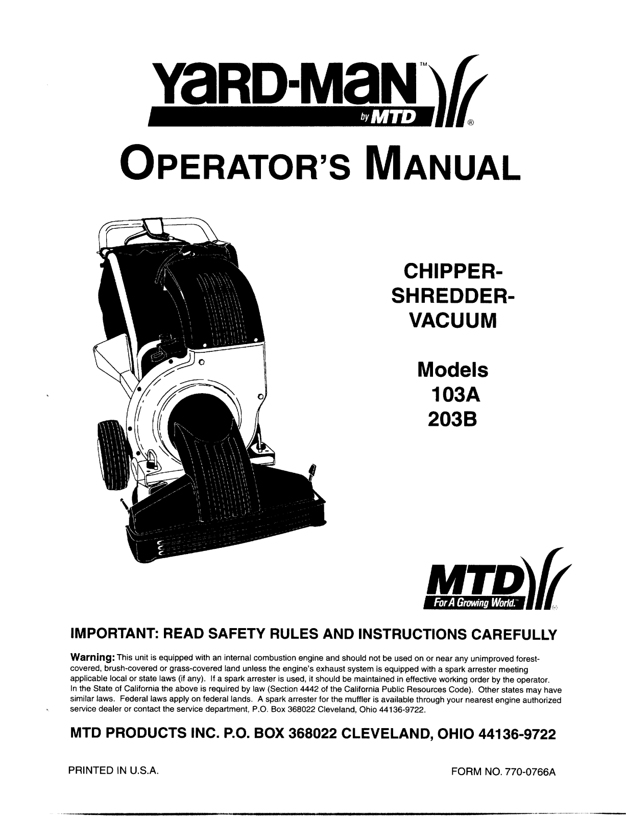 Yard-Man 103A, 203B User Manual