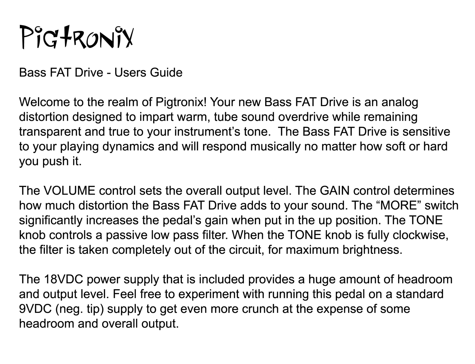 Pigtronix Bass FAT Drive User Manual