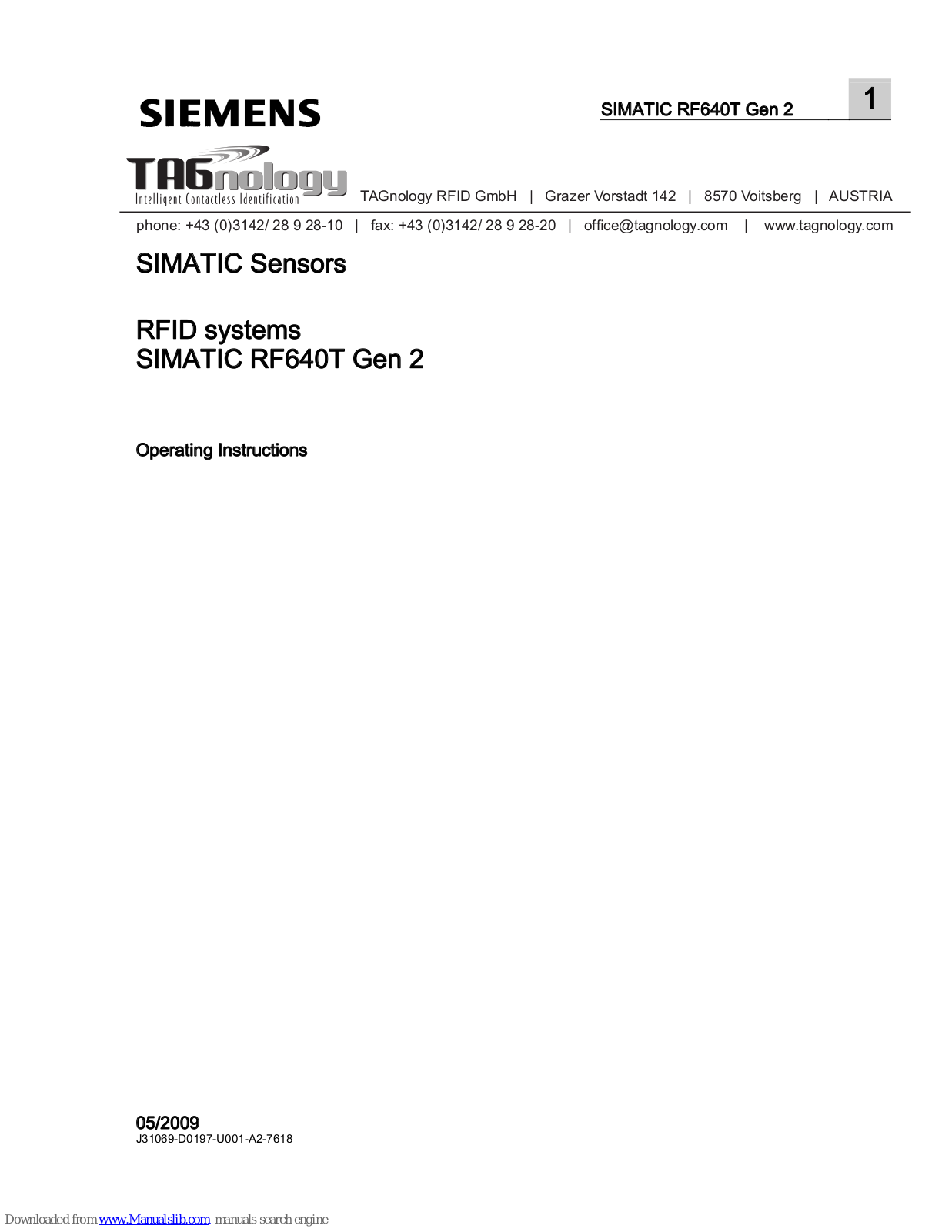 Siemens SIMATIC RF640T Gen 2 Operating Instructions Manual