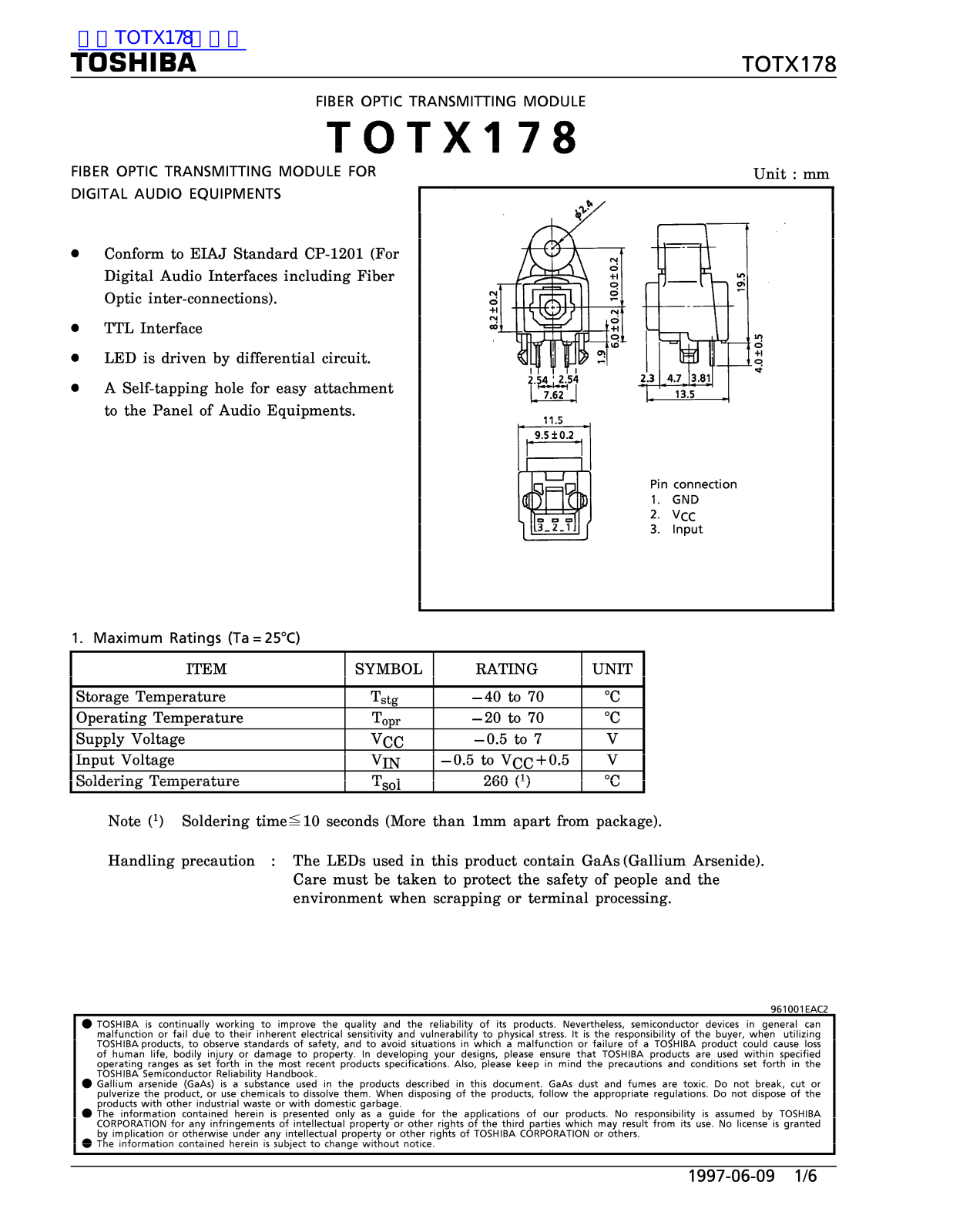 TOSHIBA TOTX178 Technical data