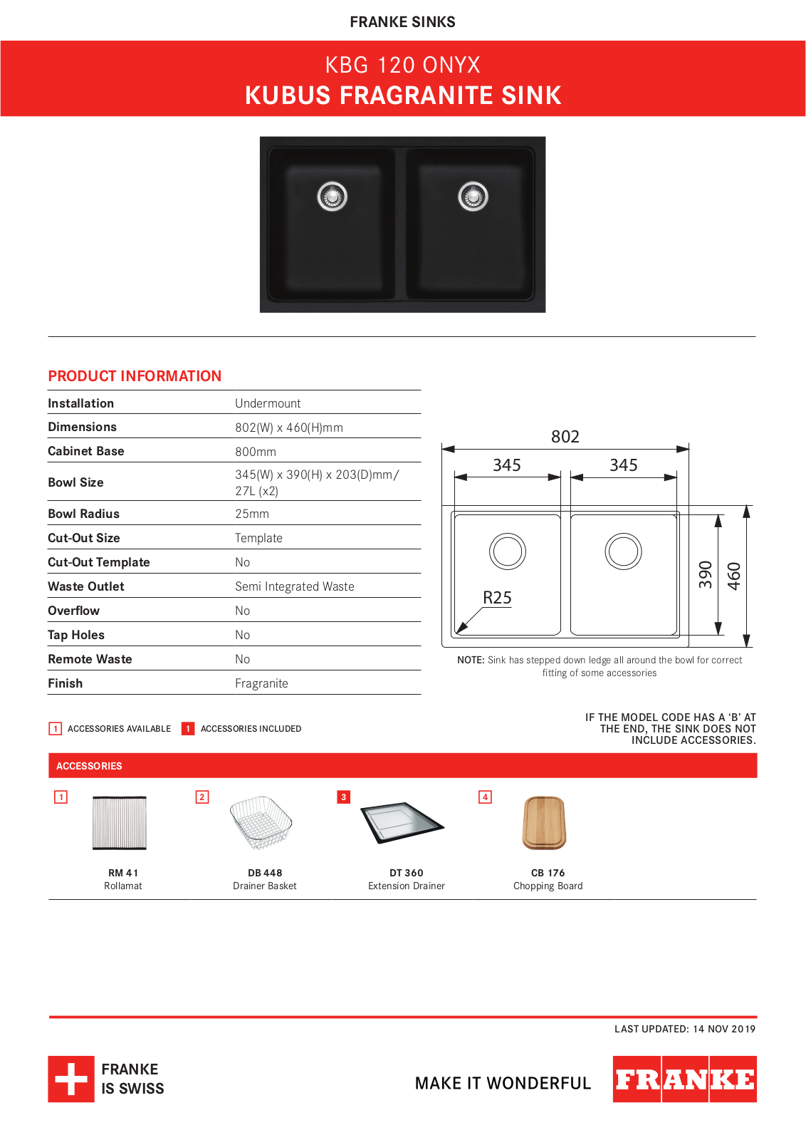 Franke KBG120ONYX Specifications Sheet