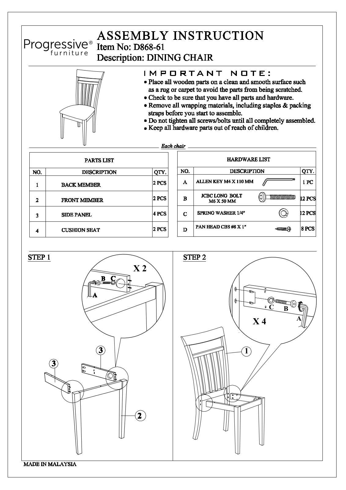 Progressive Furniture D86861 Assembly Guide