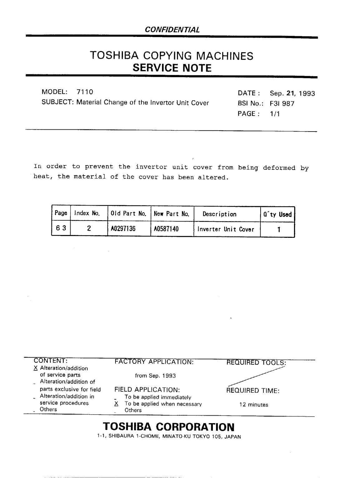 Toshiba f3i987 Service Note