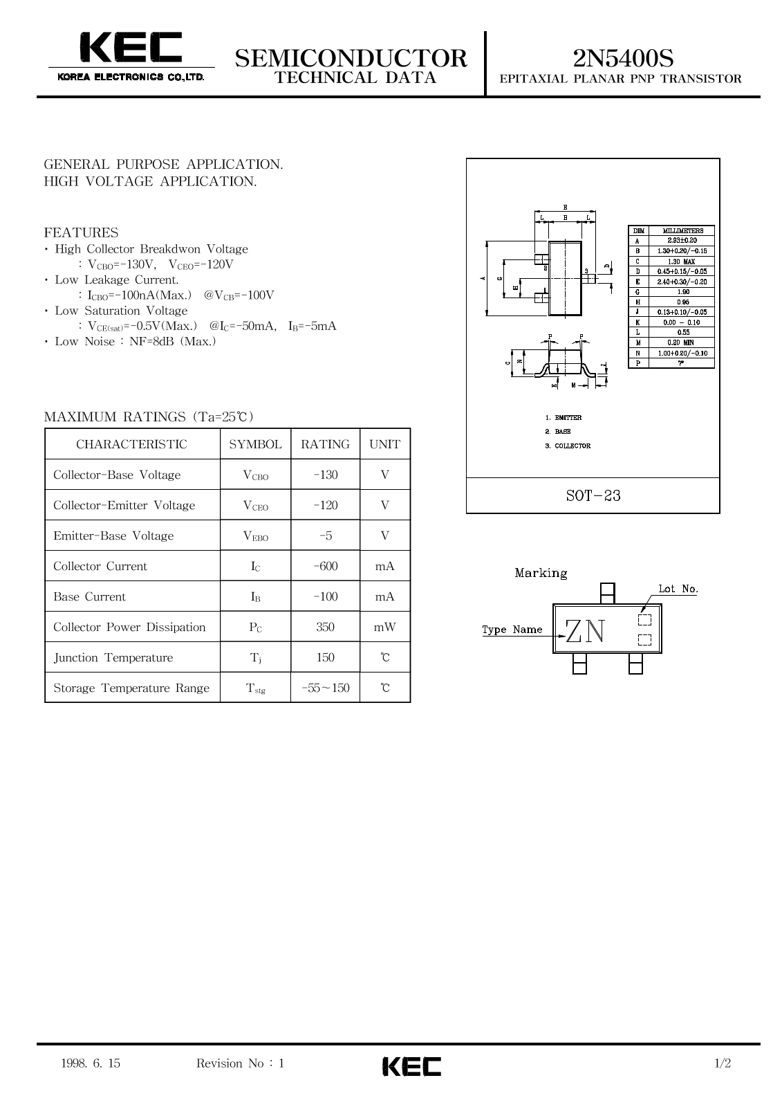 Korea Electronics Co  Ltd 2N5400S Datasheet