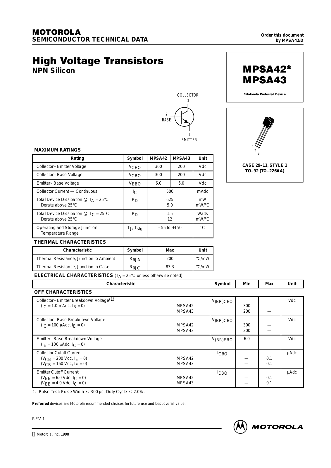 MOTOROLA MPSA43ZL1, MPSA42RLRM, MPSA42RLRP, MPSA42ZL1, MPSA42RLRE Datasheet