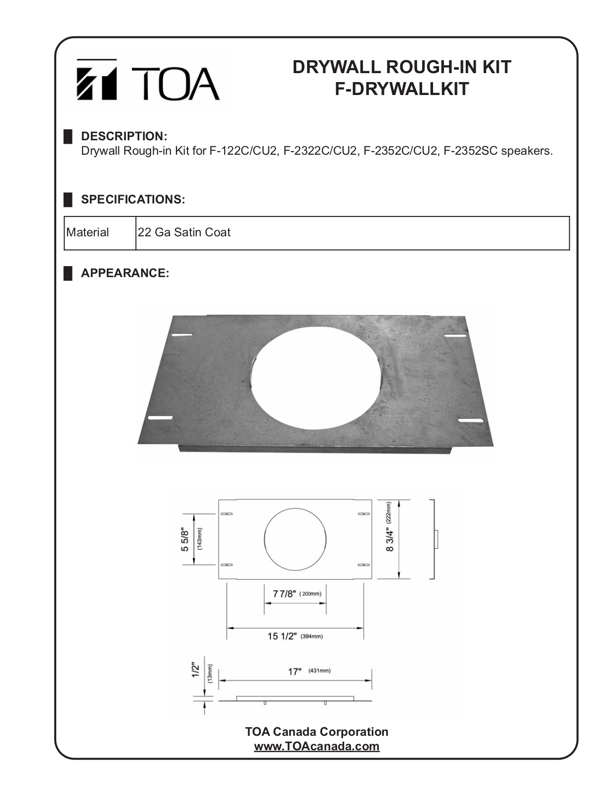 TOA F-DRYWALLKIT Data Sheet