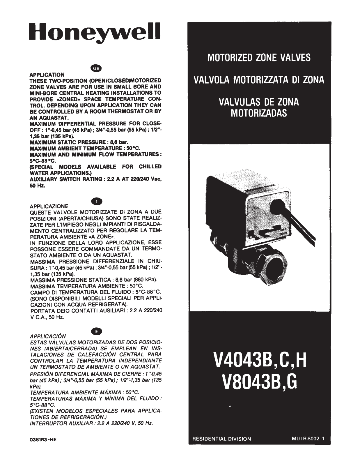 Honeywell V4043B, V8043G User Manual