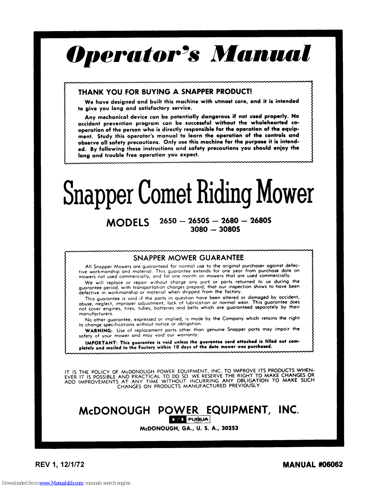 Snapper Comet 2650S, 2650, 2680, Comet 2680S, 3080 Operator's Manual