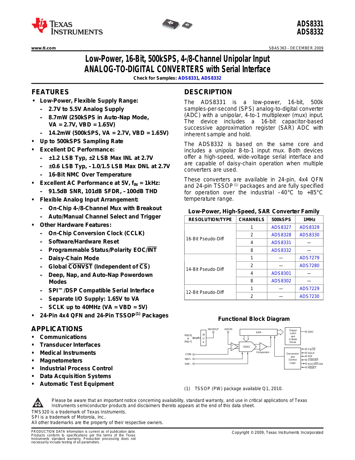 TEXAS INSTRUMENTS ADS8331, ADS8332 Technical data