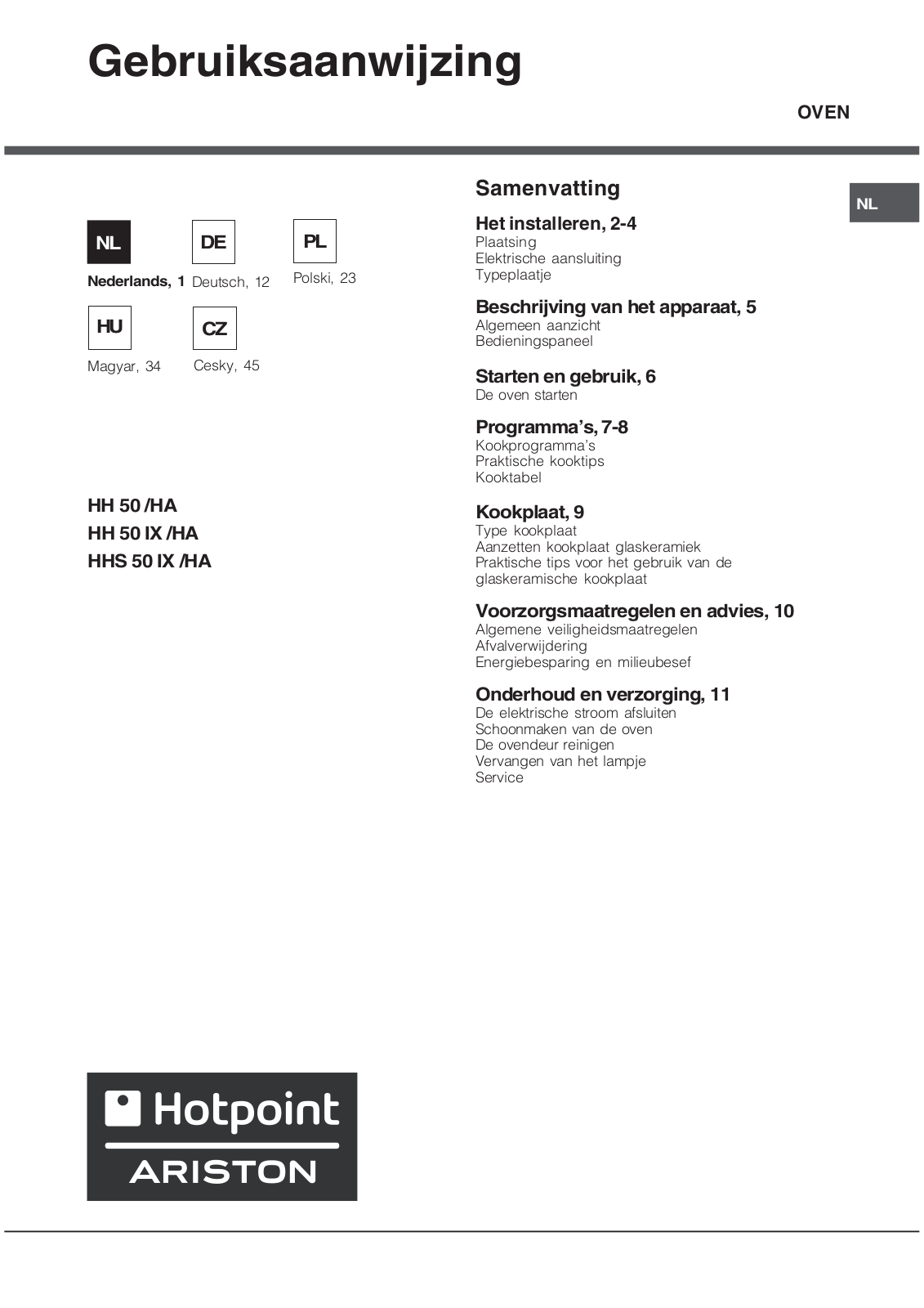 Hotpoint Ariston HHS 50 IX/HA, HH 50 IX/HA, HH 50 User Manual