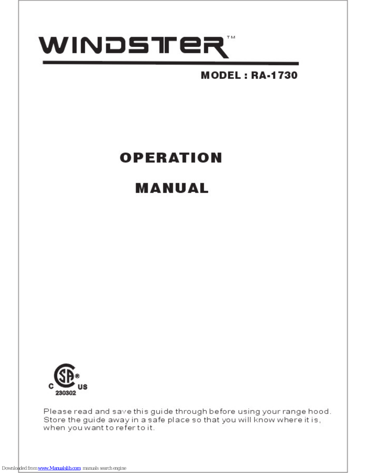 Windster RA-1730 Operation Manual