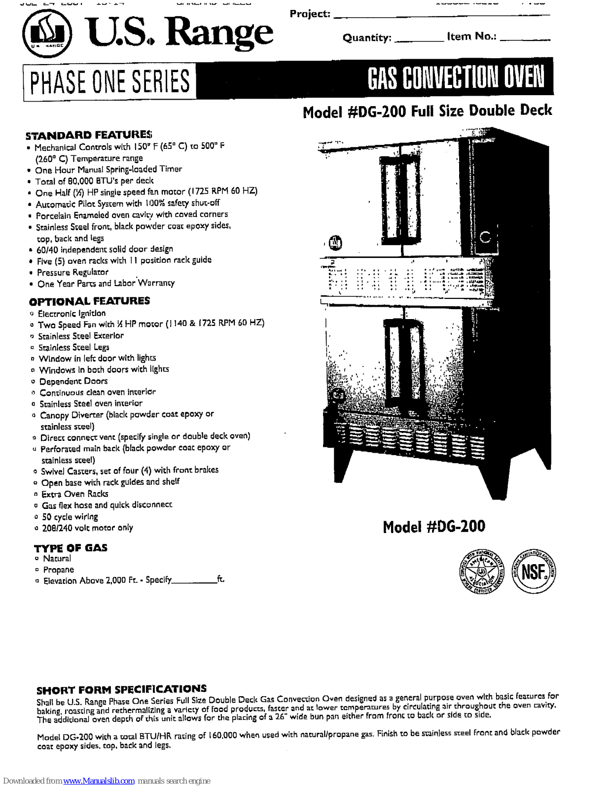 U.S. Range DG-200 Specifications