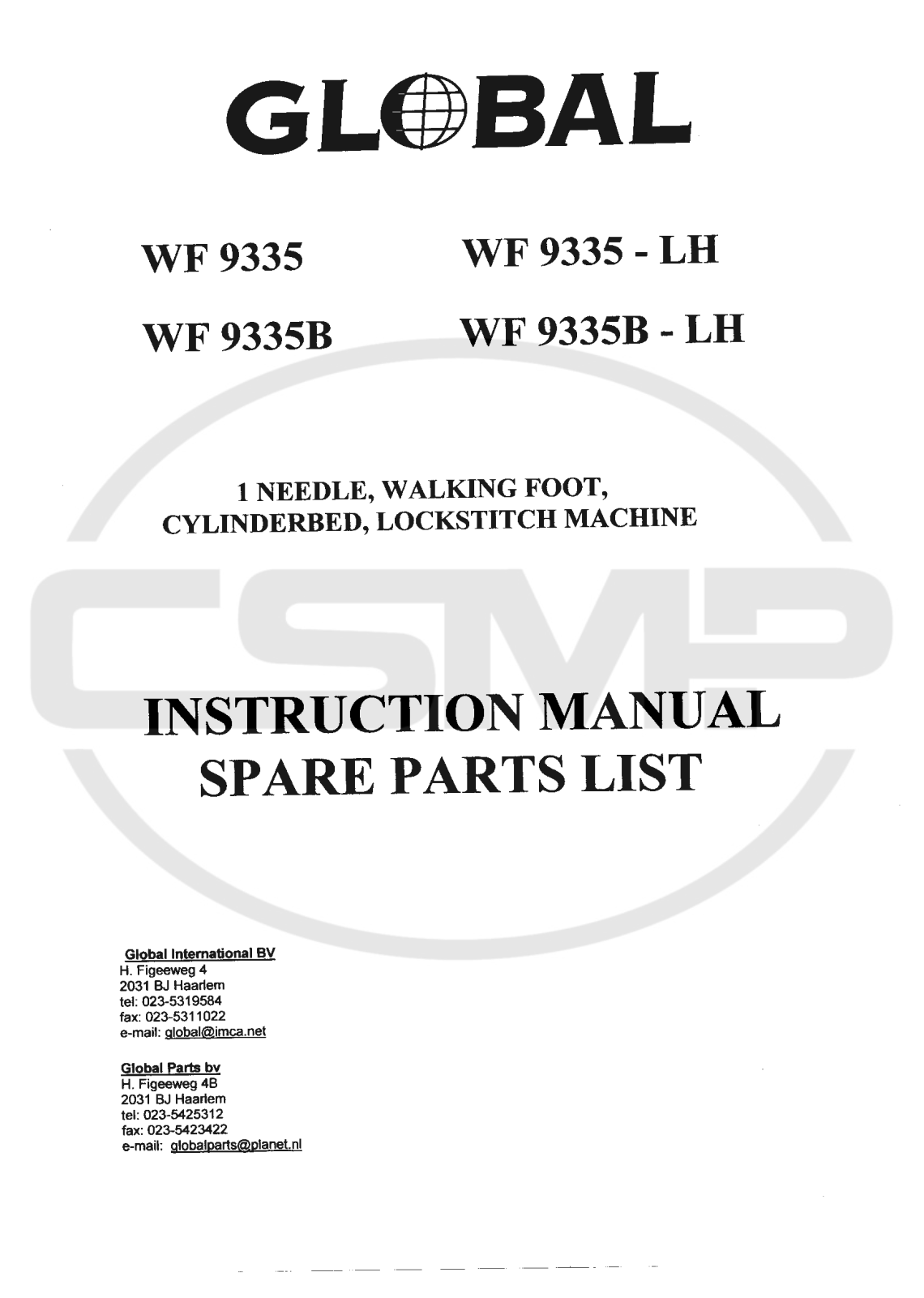 Global WF 9335, WF 9335B, WF 9335-LH, WF 9335B-LH Parts Book