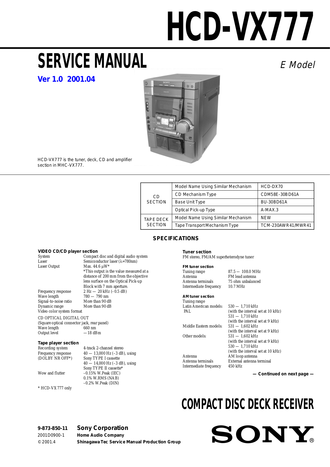 Sony HCDVX-777 Service manual