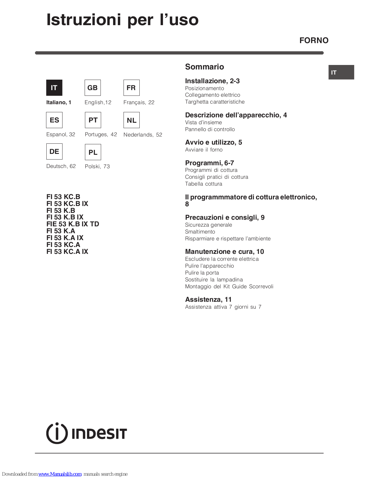 Indesit FI 53 K.B IX, FIE 53 K.B IX TD, FI 53 K.A, FI 53 K.A IX, FI 53 KC.A Operating Instructions Manual