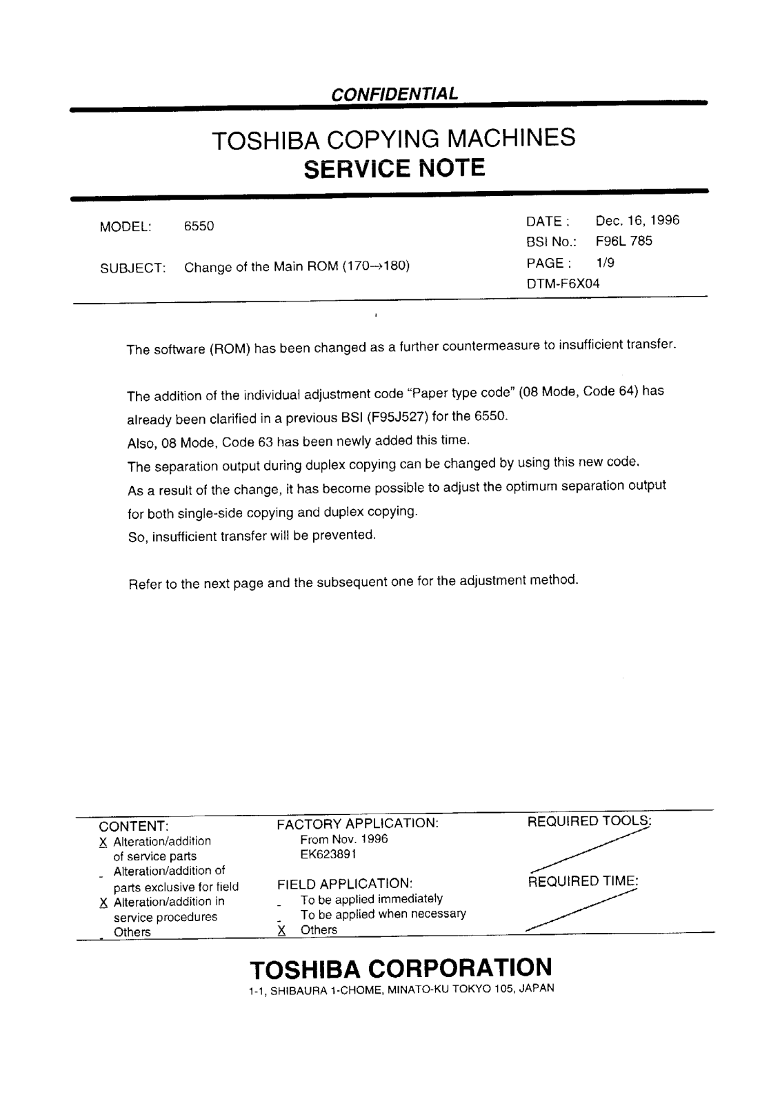 Toshiba f96l785 Service Note