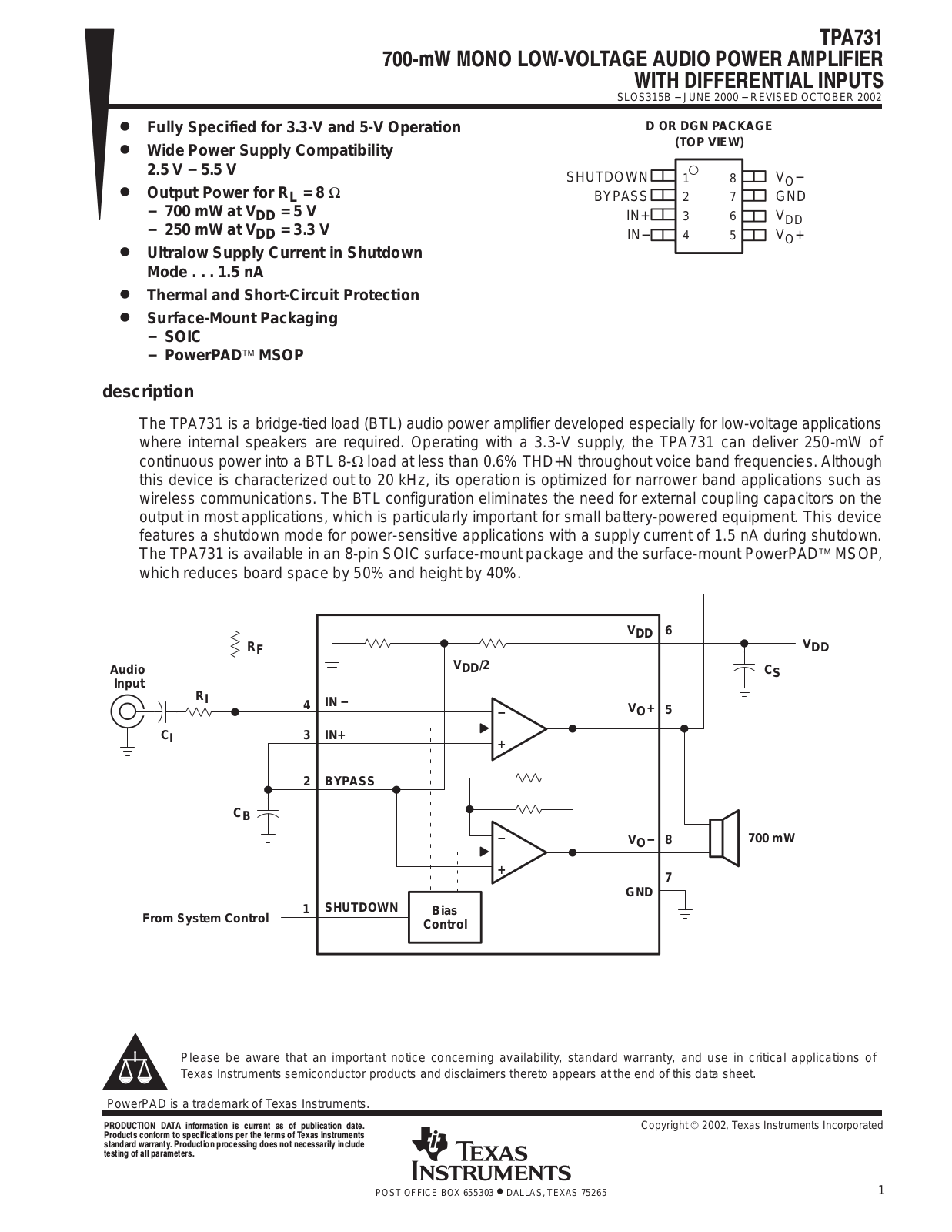 TEXAS INSTRUMENTS TPA731 Technical data