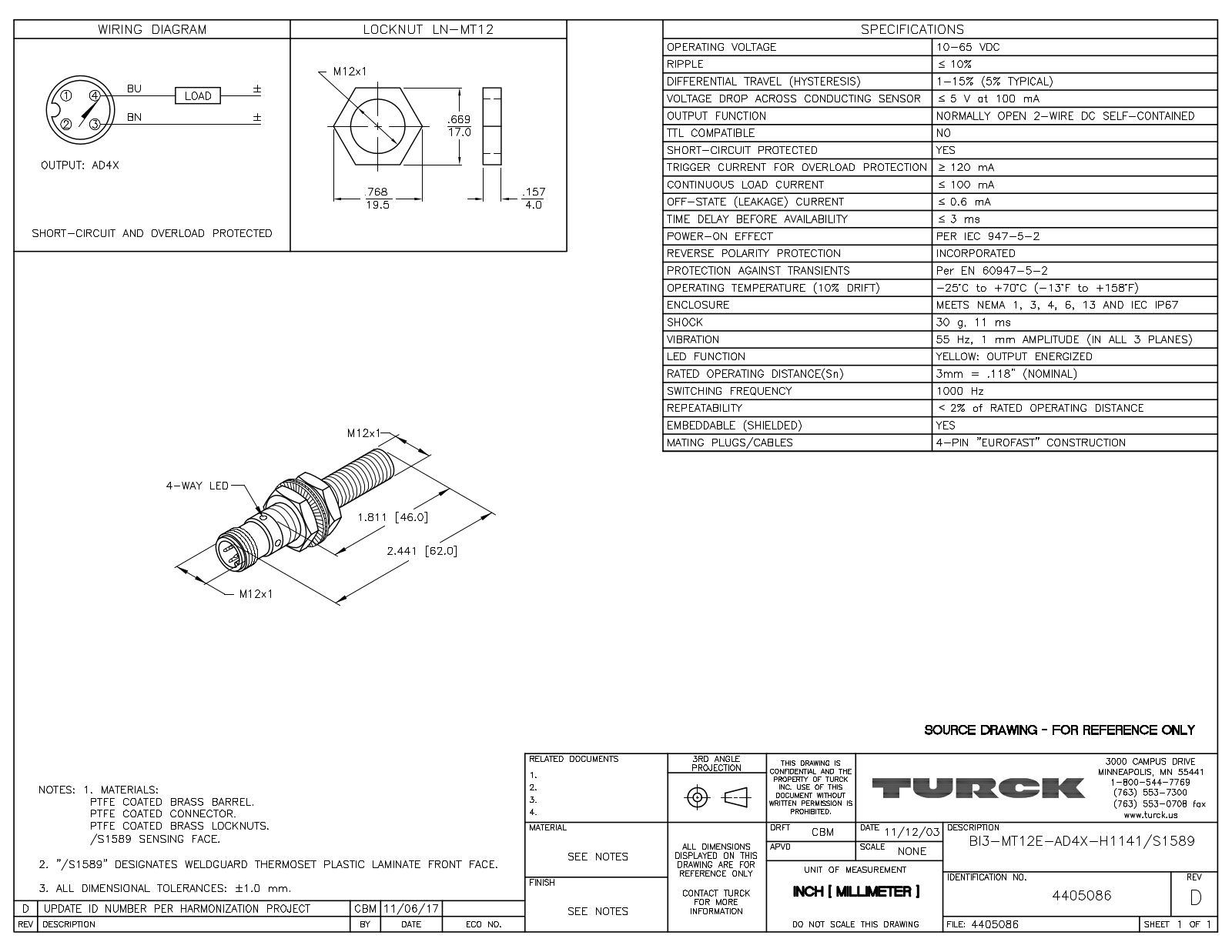 Turck BI3-MT12E-AD4X-H1141S1589 Data Sheet