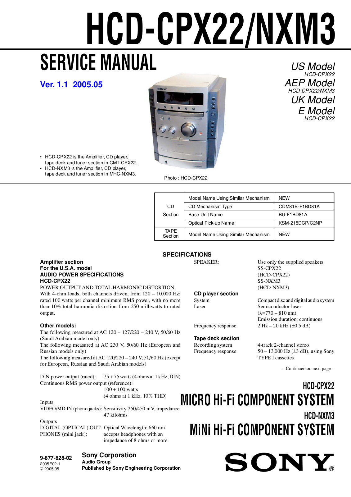 Sony HCDCPX-22 Service manual