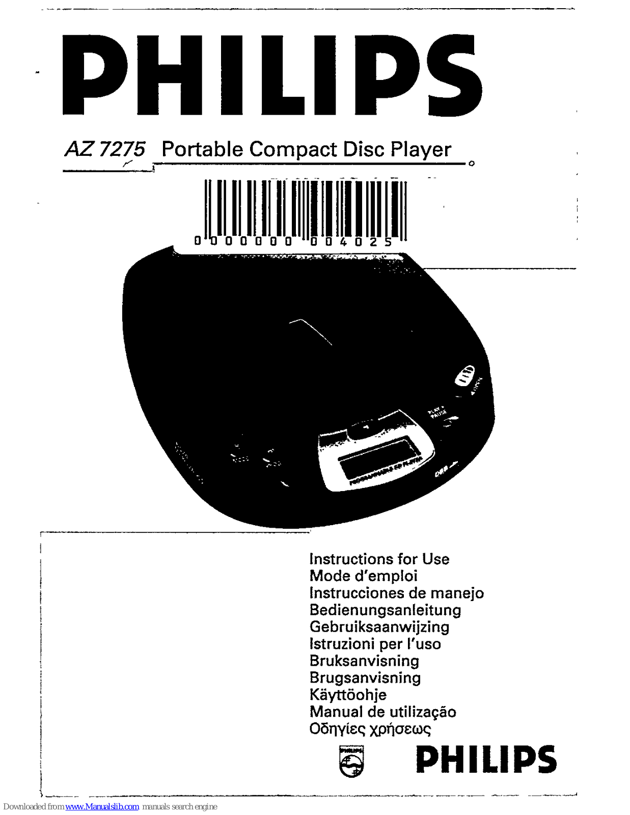 Philips AZ7275 - Cd Personal, AZ 7275 Instructions For Use Manual