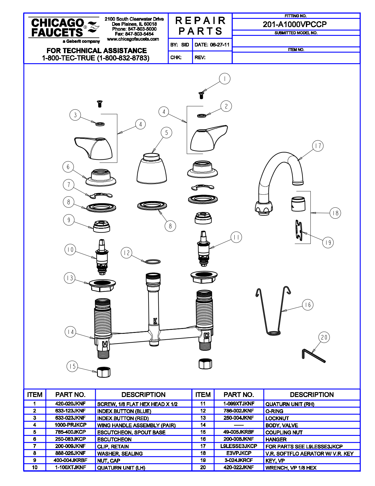 Chicago Faucet 201-A1000VPC Parts List