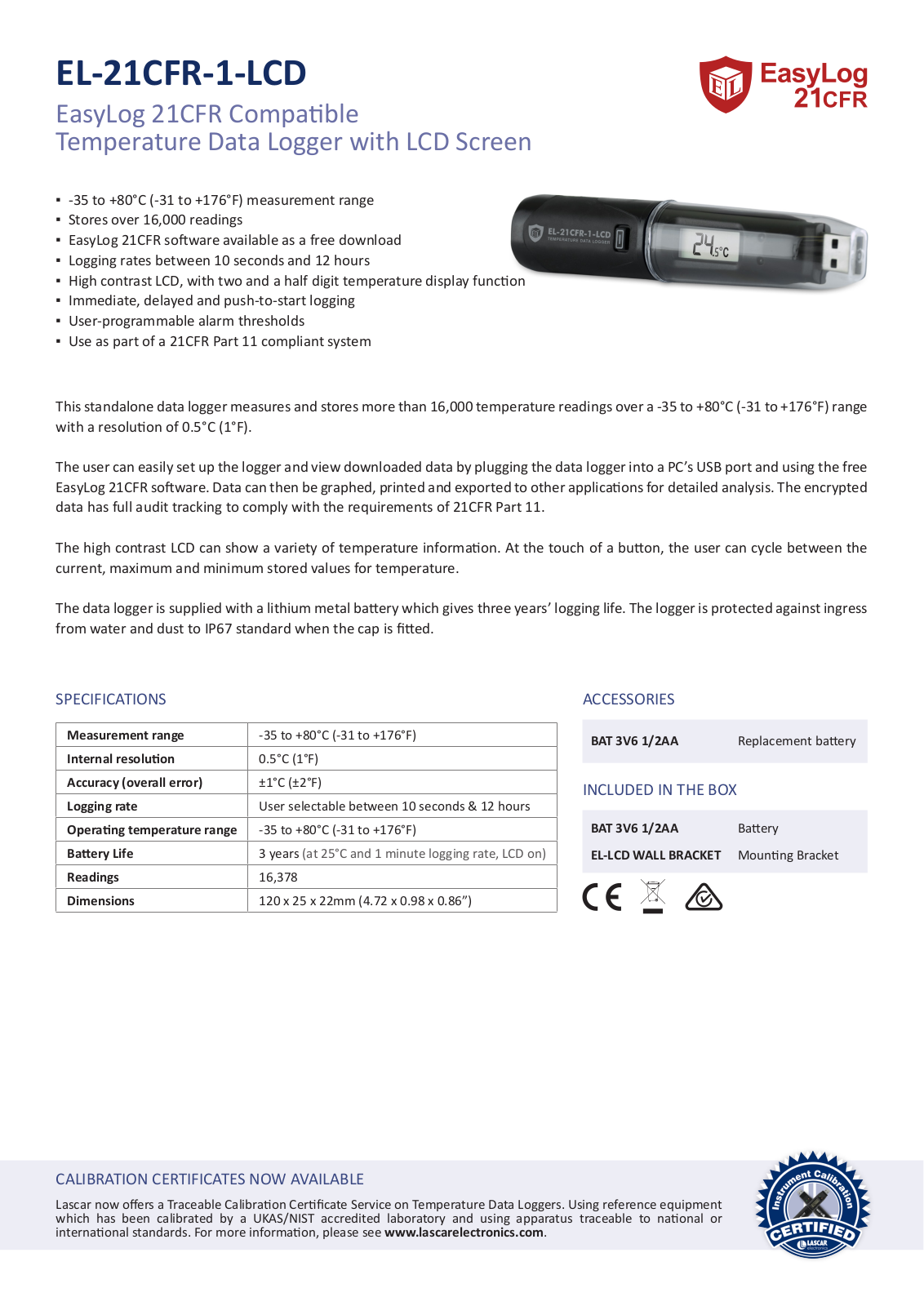 Lascar EL-21CFR-1-LCD Data Sheet