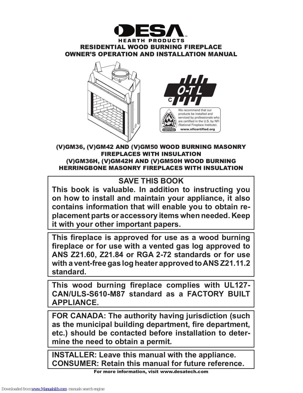 Desa GM42, GM50, GM36H, GM42H, GM50H Owner's Operation And Installation Manual